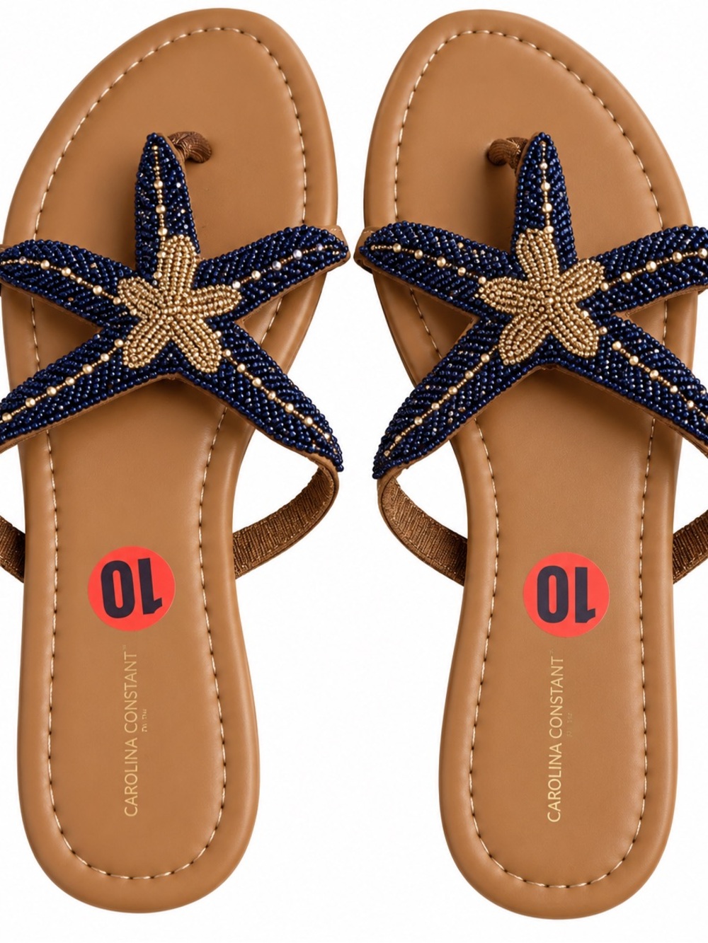 NWT Caroline Constas Navy & Gold Starfish Beaded Thong Sandals